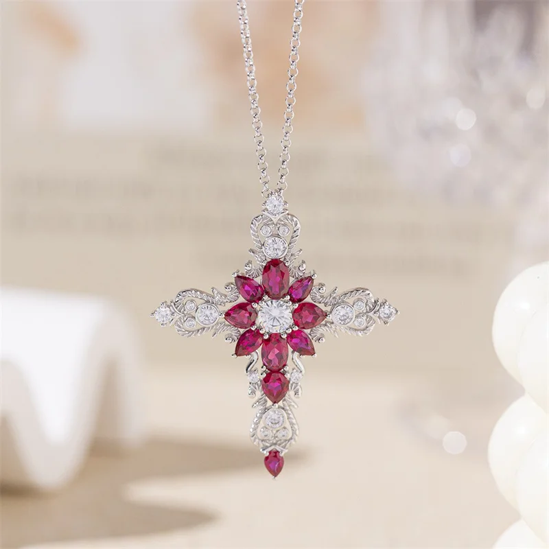 

ZFSILVER Tred 925 Silver Cultivated Gem Design Red Flower Cross Necklace For Charm Women Accessories Party Jewelry Gift P3-0137