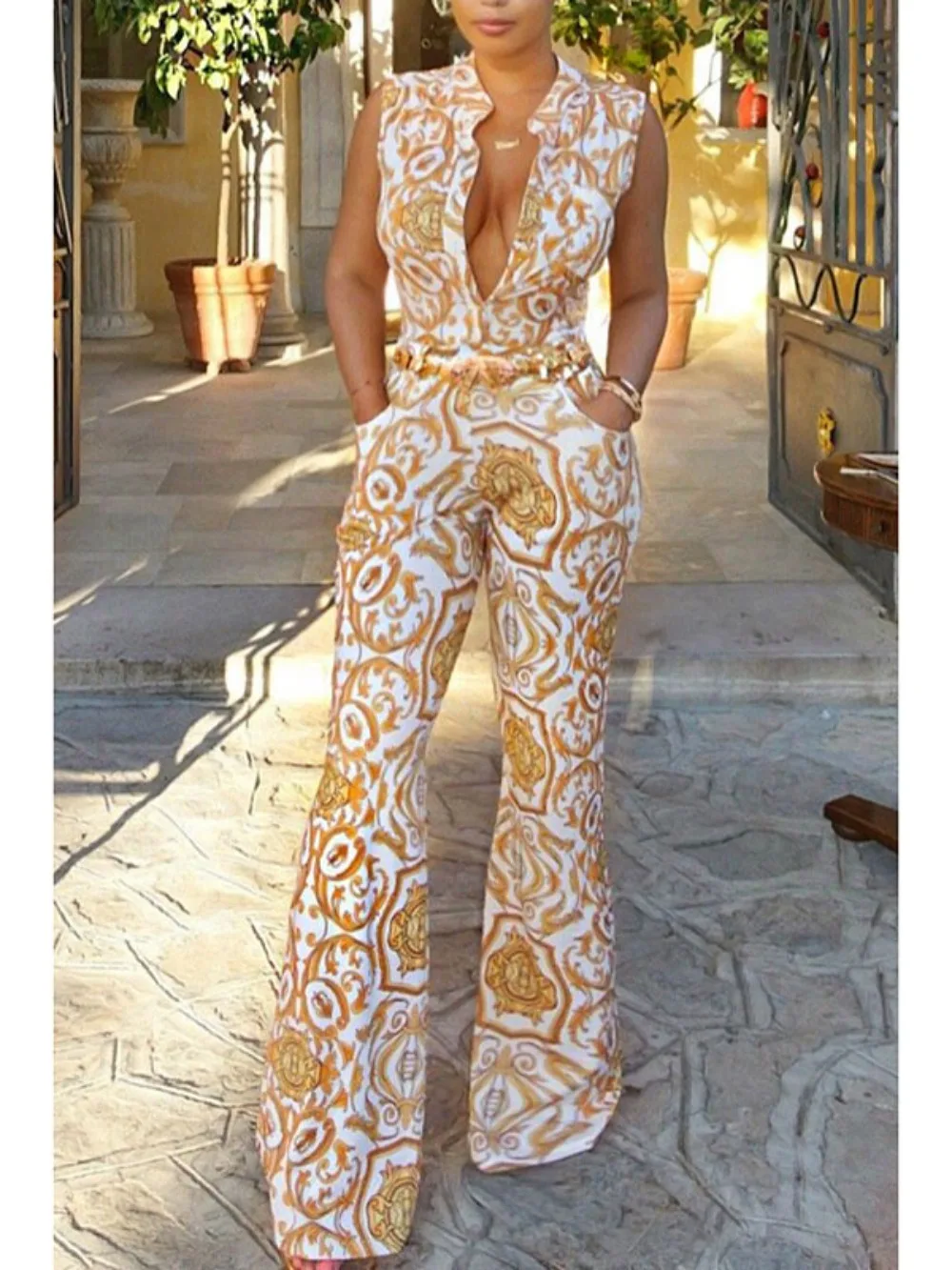 Women's Casual Loose Overalls Jumpsuits One Piece Sleeveless Printed Wide Leg Long Pant Rompers - Image 4