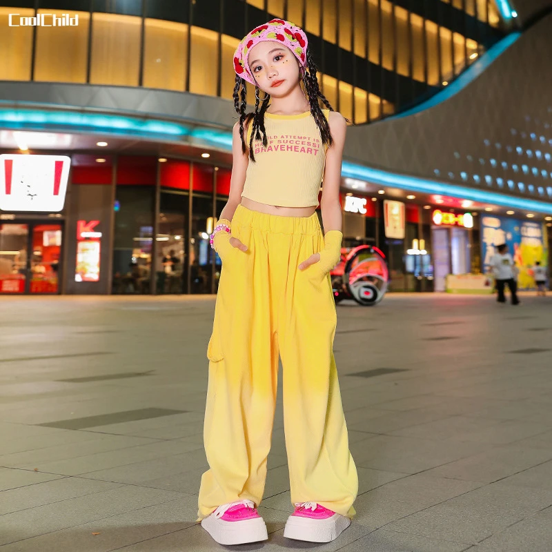 Girls Lovely Streetwear Children Hip Hop Crop Top Gradient Colour Loose Pants Clothes Sets Kids Cute Street Dance Jazz Costumes