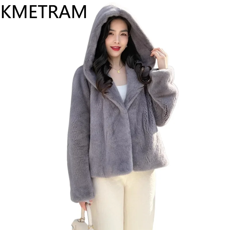 KMETRAM Velvet-grade 100% Natural Mink Fur Jacket Woman Short Real Mink Fur Coat with Hood Winter Women Clothing 2026 Fourrure