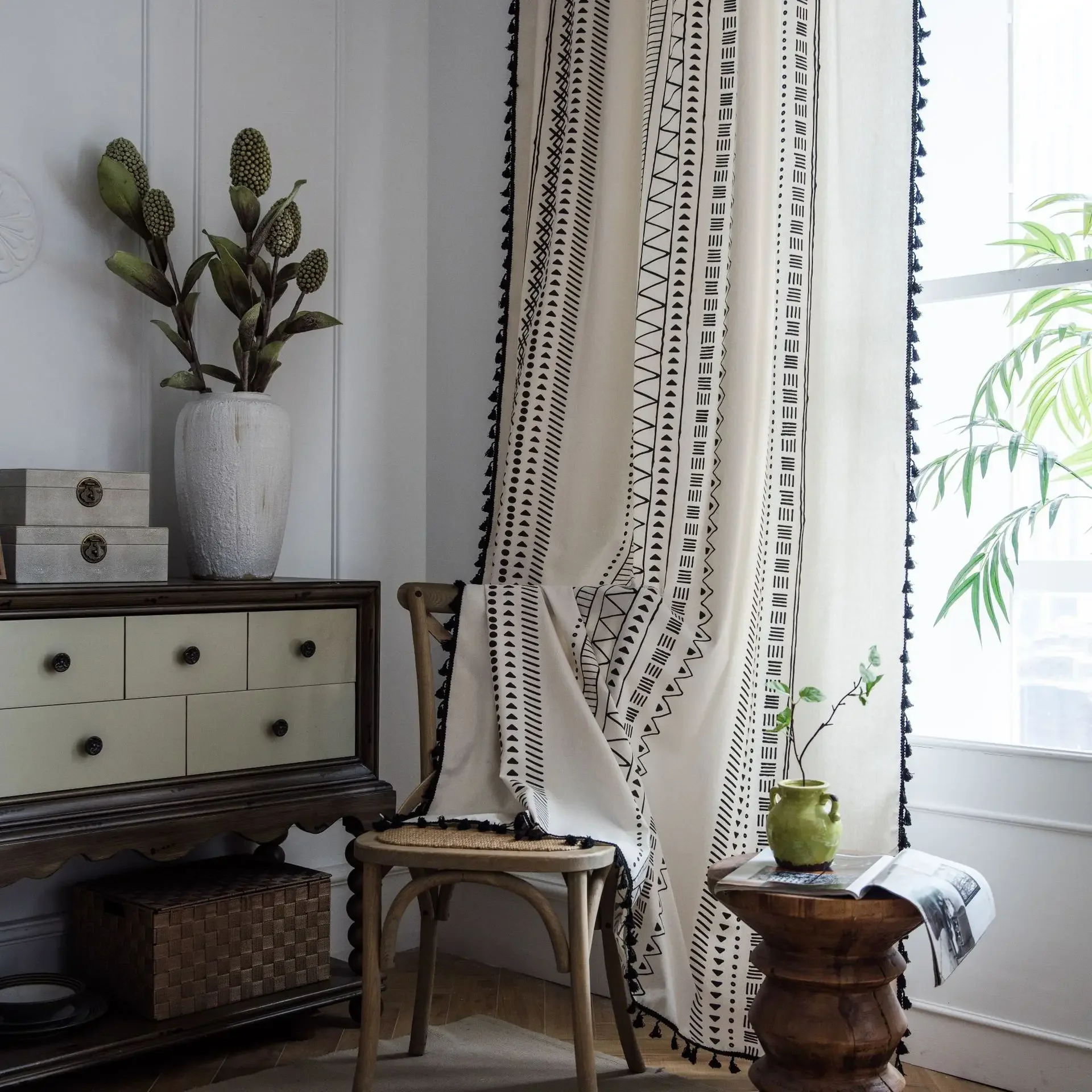 

Cotton Linen Boho Geometry Window Curtain with Tassels Blackout Valance for The Luxury Living Room Curtains for Living Room