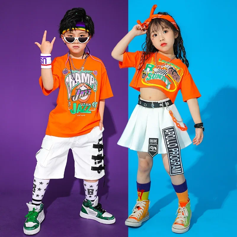 Boys Hip Hop T Shirt Girls Loose Cargo Shorts Clothing Sets Kid Summer Cartoons Print Cool Tee Street Dance Jazz Child Costumes