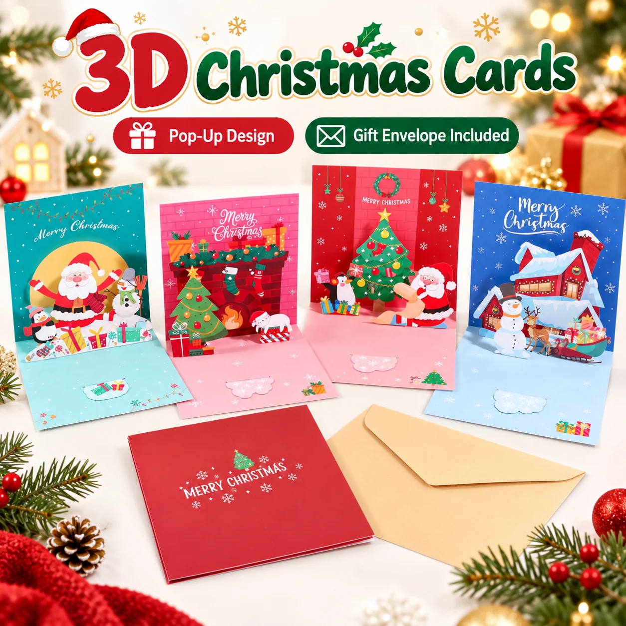 Christmas 3d Pop-up Greeting Cards Set, Assorted Xmas Festive Patterns, Foldable Paper Craft Cards With Matching Envelopes For H