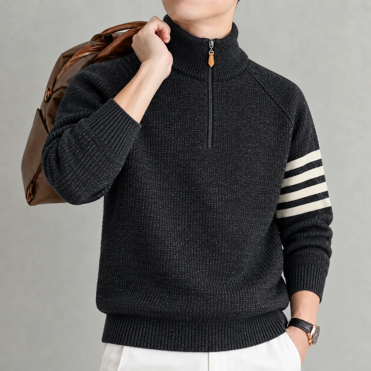 High End Men's Sweater Designer Fashion Striped Zipper Semi High Neck Winter New Velvet Thicken Warm Korean Casual Knit Pullover