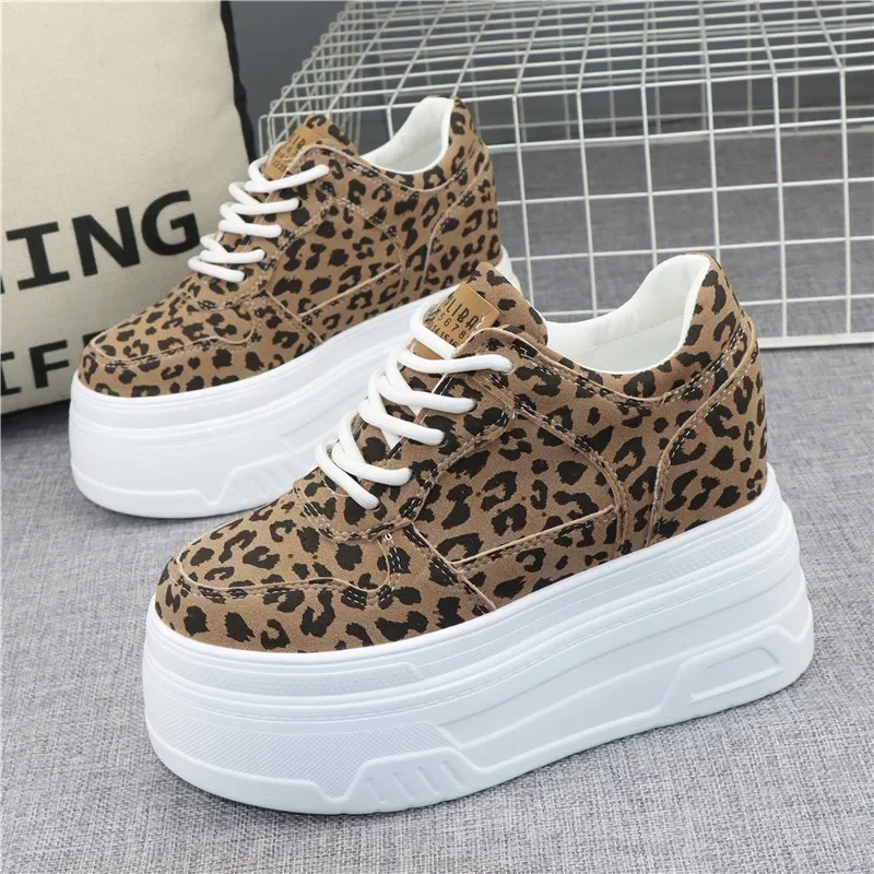 Fashion Sexy Women Platform Leopard Casual Sneakers New Autumn Winter Outdoor Sport Style Round Toe Design 12cm High-Heel Shoes