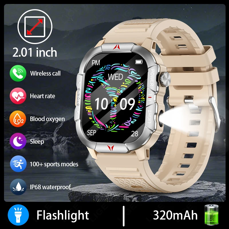

LIGE Smart Watch LED Flashlight Men Waterproof Watches 2.01-inch HD Screen Health Bracelet Military Outdoor Sport Smartwatch Man