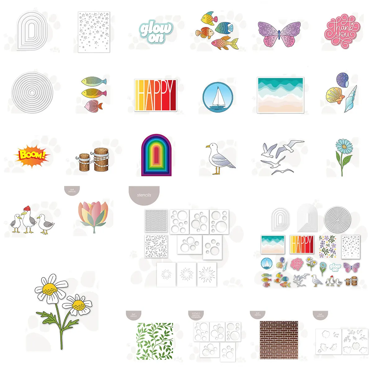 2026 NEW Summer Ocean Fish Sailboat Seagull Shell Rainbow Daisy Butterfly Thank You Sentiment Clear Stamp Metal Cutting Die Set