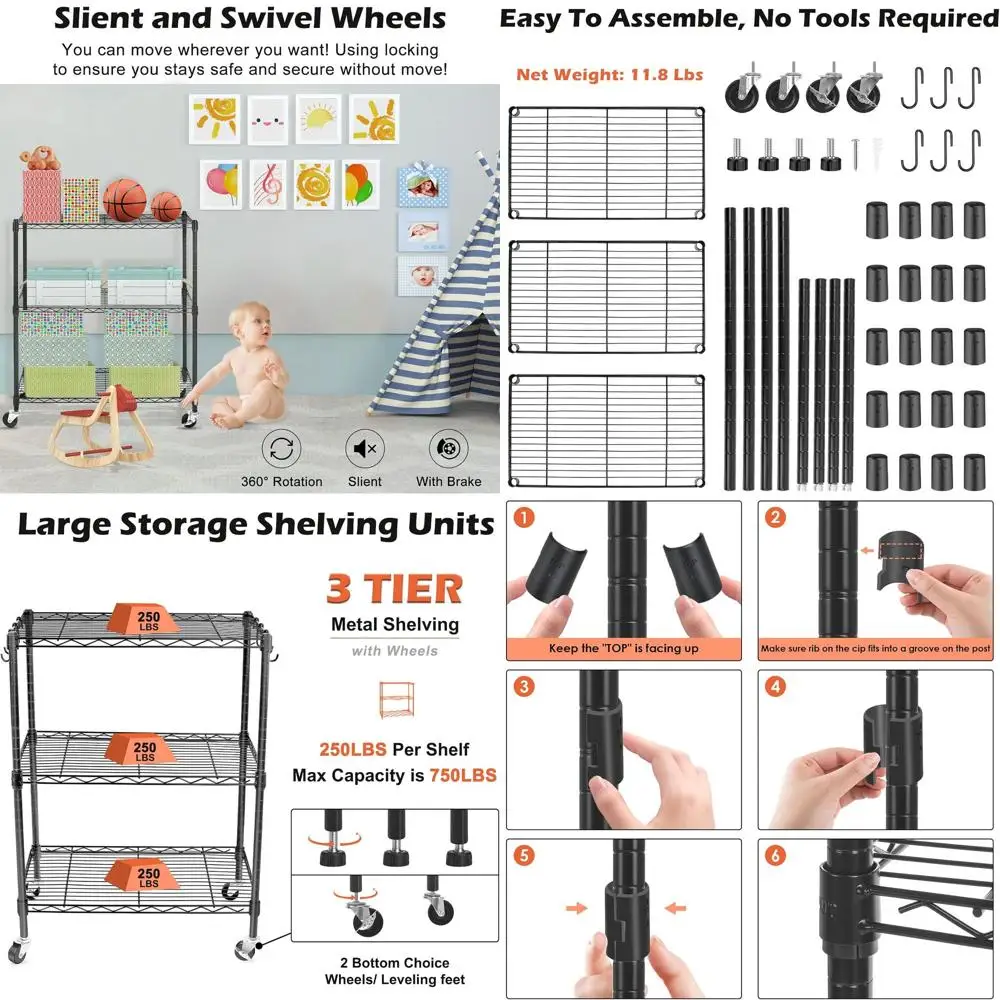 

Adjustable 3-Tier Metal Shelving Unit with Wheels, 24x14x32 for Home, Office, Garage, Kitchen, and Bathroom