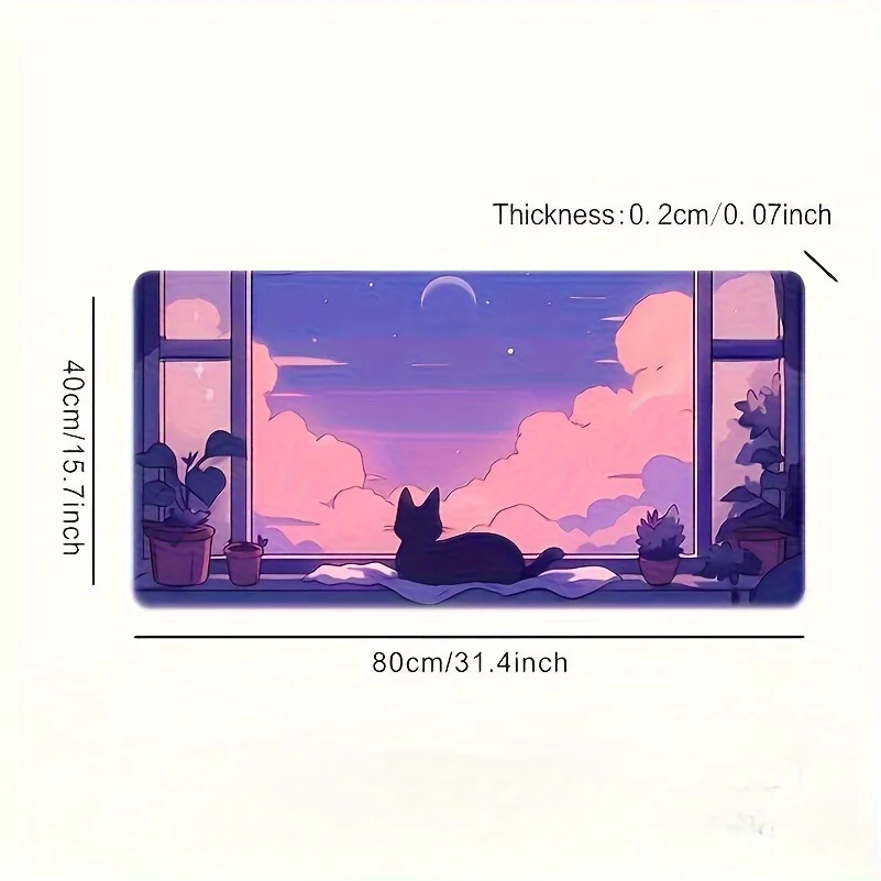 Purple Sky Cat Window View Extended Gaming Mouse Pad Non-Slip Rubber Base Smooth Surface Desk Mat
