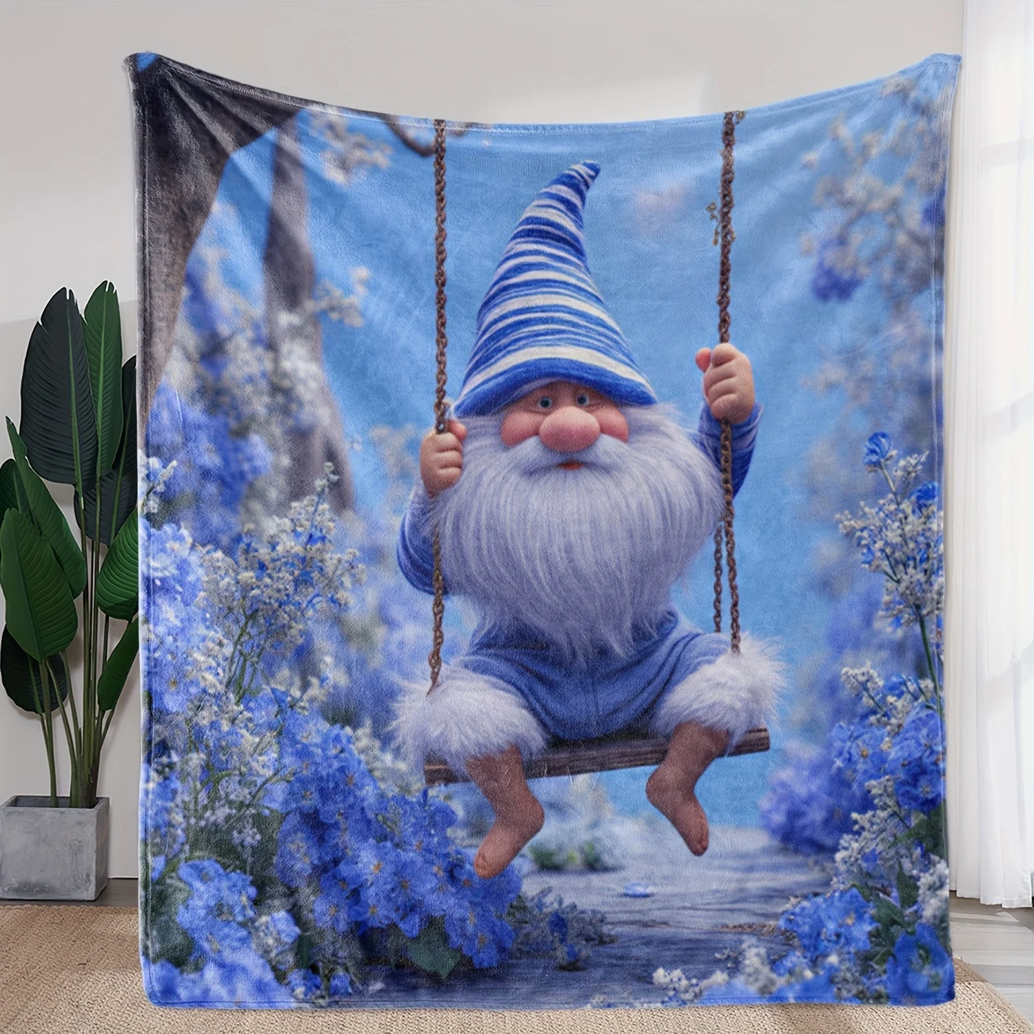 1pc Flannel Blanket with Blue and White Fairy Swing Pattern, Warm and Soft Polyester Fabric for Sofa, Bed, Car, Office