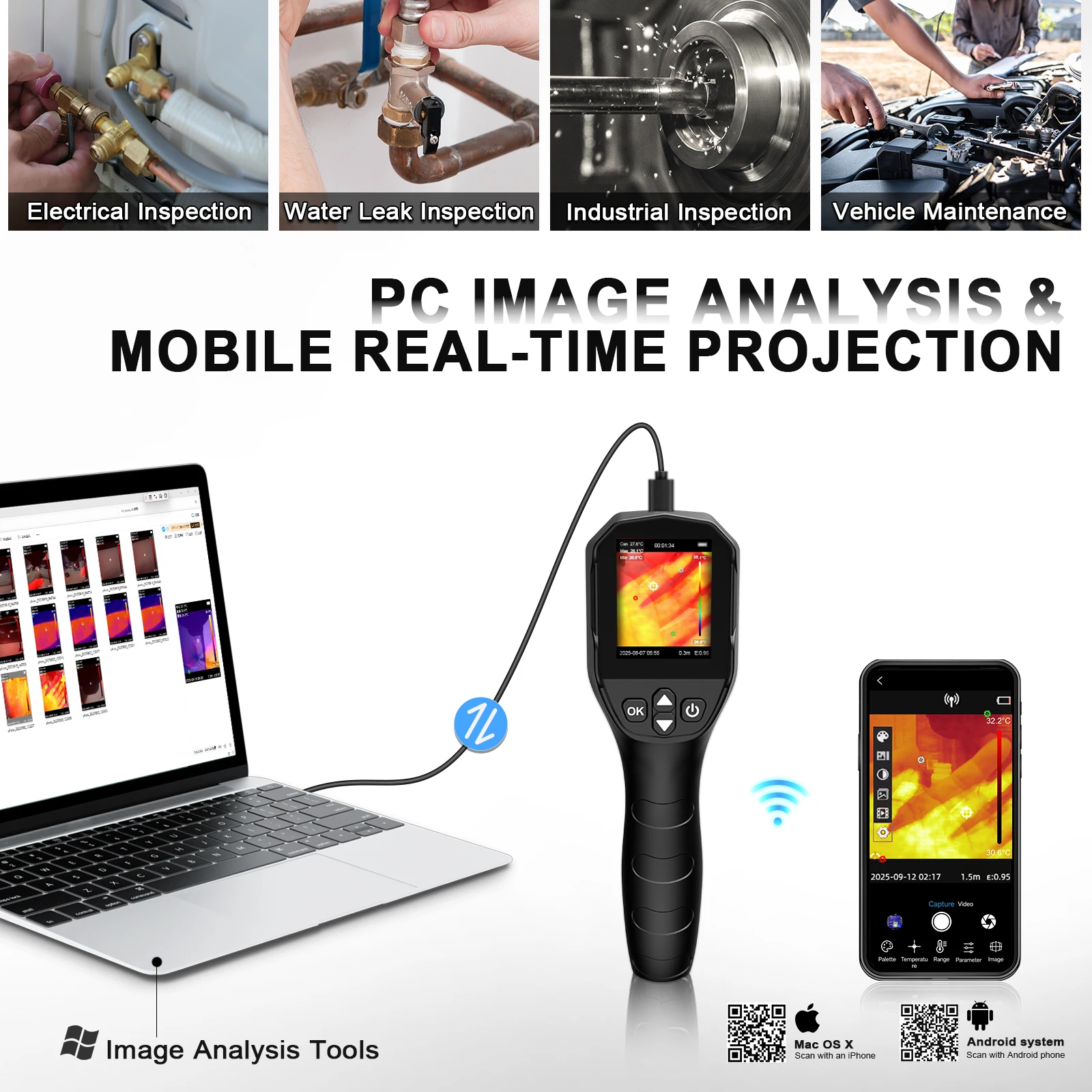 HP-YXI96/YXI96 Pro Handheld Thermal Imager 96x96 IR -20-550°C 25Hz IP54 1.5m Drop 9H Battery WLAN APP Visible Camera Option