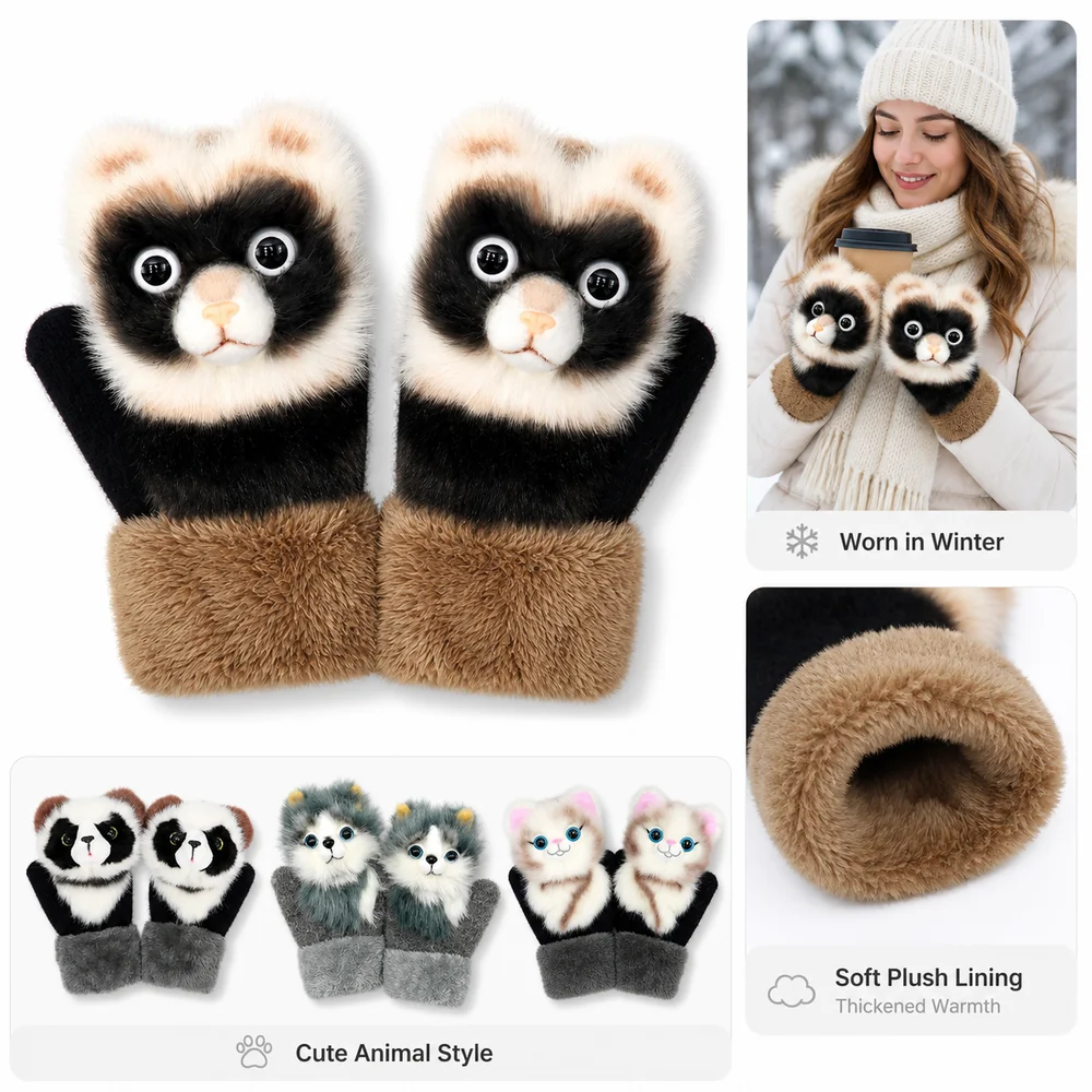 New Fleece Lined Warm Winter Gloves Animal Pattern Korean Style Gloves Thickened Animal Gloves Winter Wear