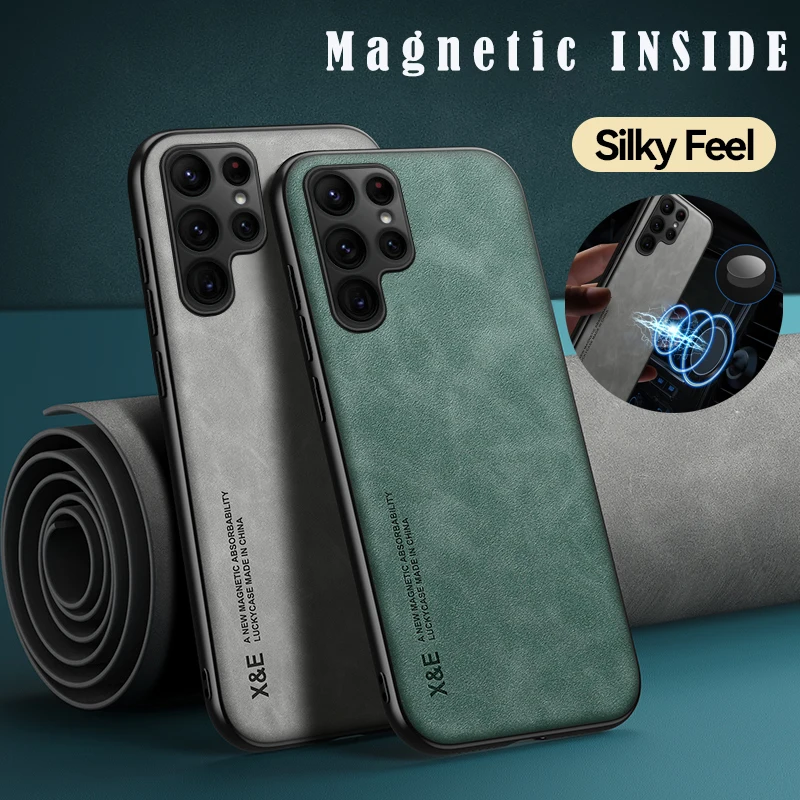 Build-in Magnetic Luxury Leather Phone Case For Samsung S21 S20 FE S22 S23 Note 20 Ultra 10 9 S10 Plus Matte Slim Back Cover