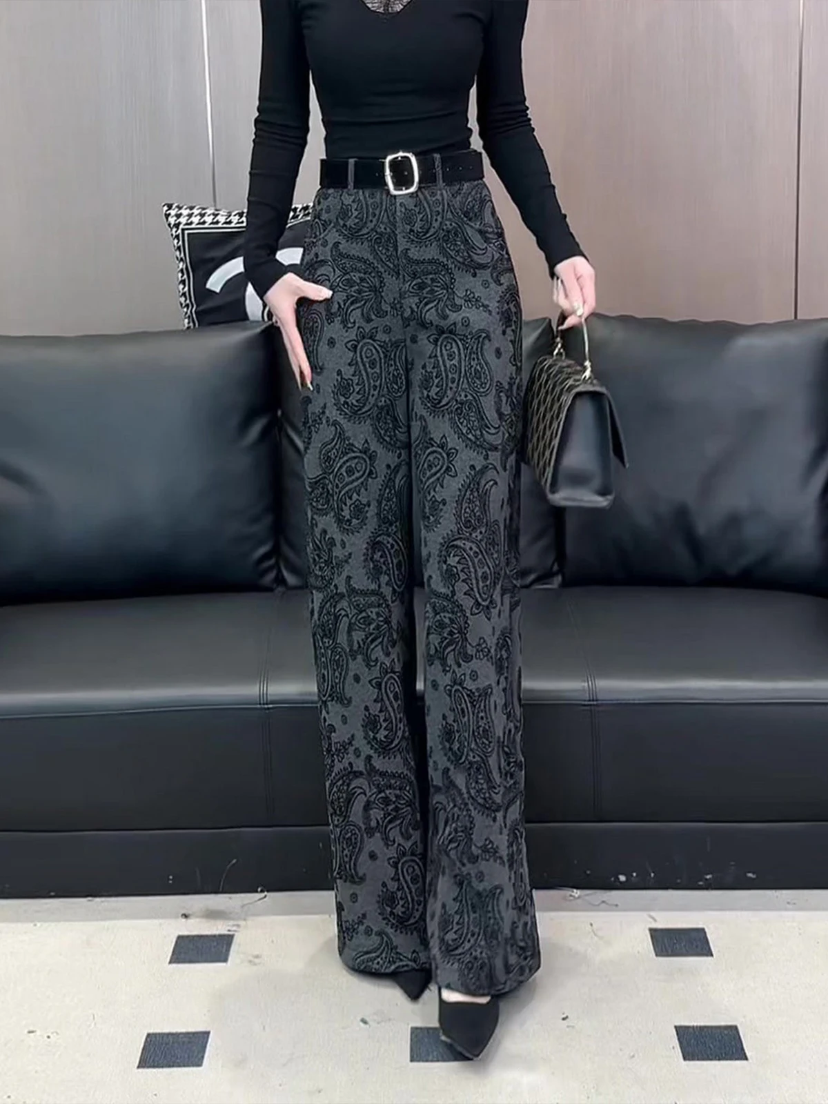 

Модные повседневные брюки с высокой талией и широкими штанинами с принтом, женские весенние 2026, новые утягивающие универсальные брюки