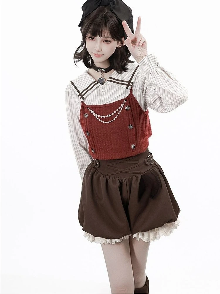 Harajuku Kawaii Red Stripe Sailor Collar Crop Top 2 Piece Set Women Girls Bow Lace Ruffle Bubble Shorts Daily Wear Women Outfits