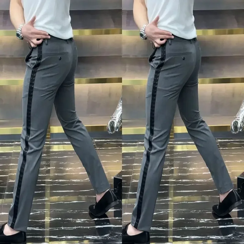 ผู้ชายด้านข้างลายธุรกิจชุดกางเกงดินสอStreetwearแฟชั่นชายเสื้อผ้าElastic Slim CasualตรงกางเกงXT946