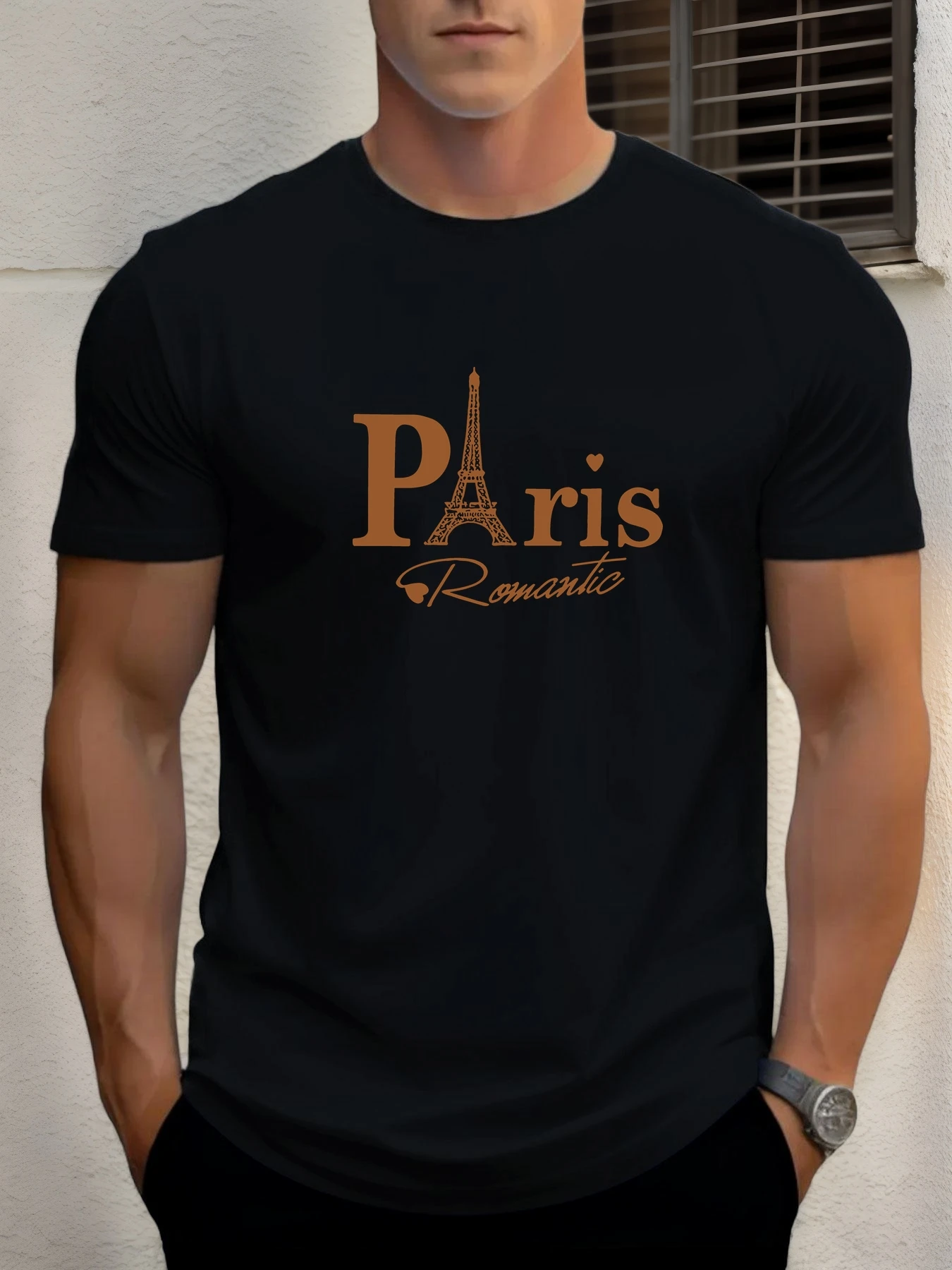 

2025 Summer Men's Cotton T Shirt Paris Romantic Trendy Print Round Neck T-Shirt Casual Breathable Street Style Daily Top