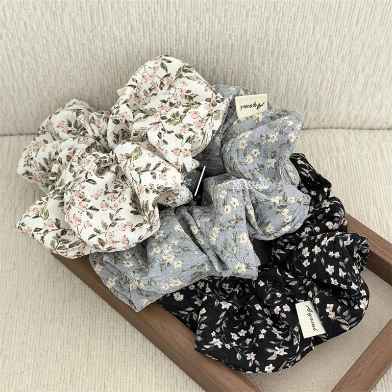 Vintage Floral Fabric Hair Ties Wrinkled Cloth Hair Accessories Elegant Flower Ponytail Holder Hair Bands Floral Scrunchies