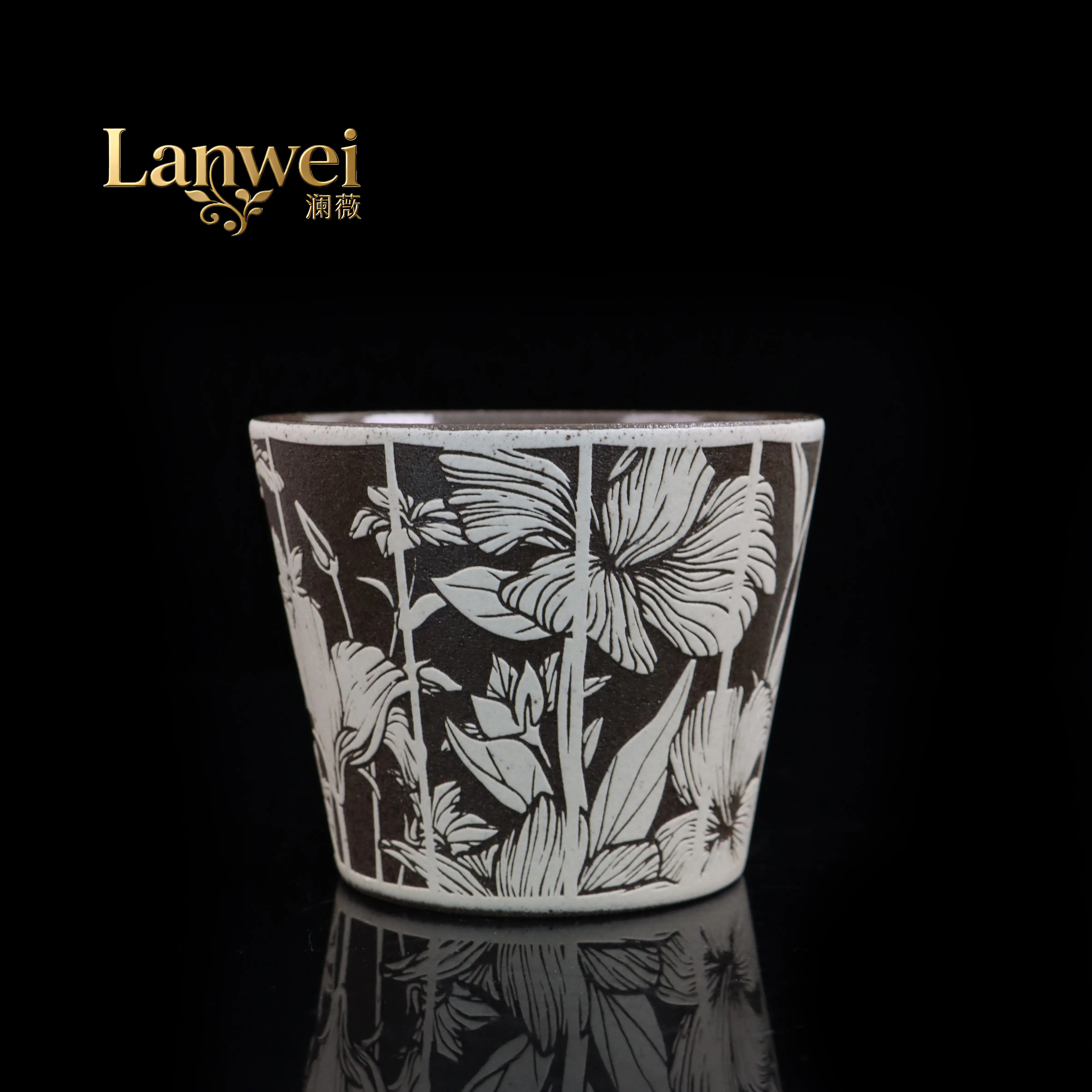 270ml Jingdezhen Handcrafted Relief-Carved Iris Coffee Cup Vintage Black White Glazed Ceramic Cup Premium Gift Box Birthday Gift