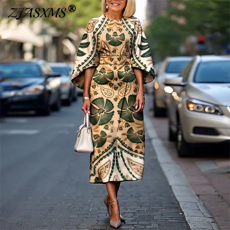 Casual Slim Pattern Print Office Lady Dress Chic O Neck Flare Sleeve Boho Long Dress Summer Vacation High Waist Woman Prom Dress