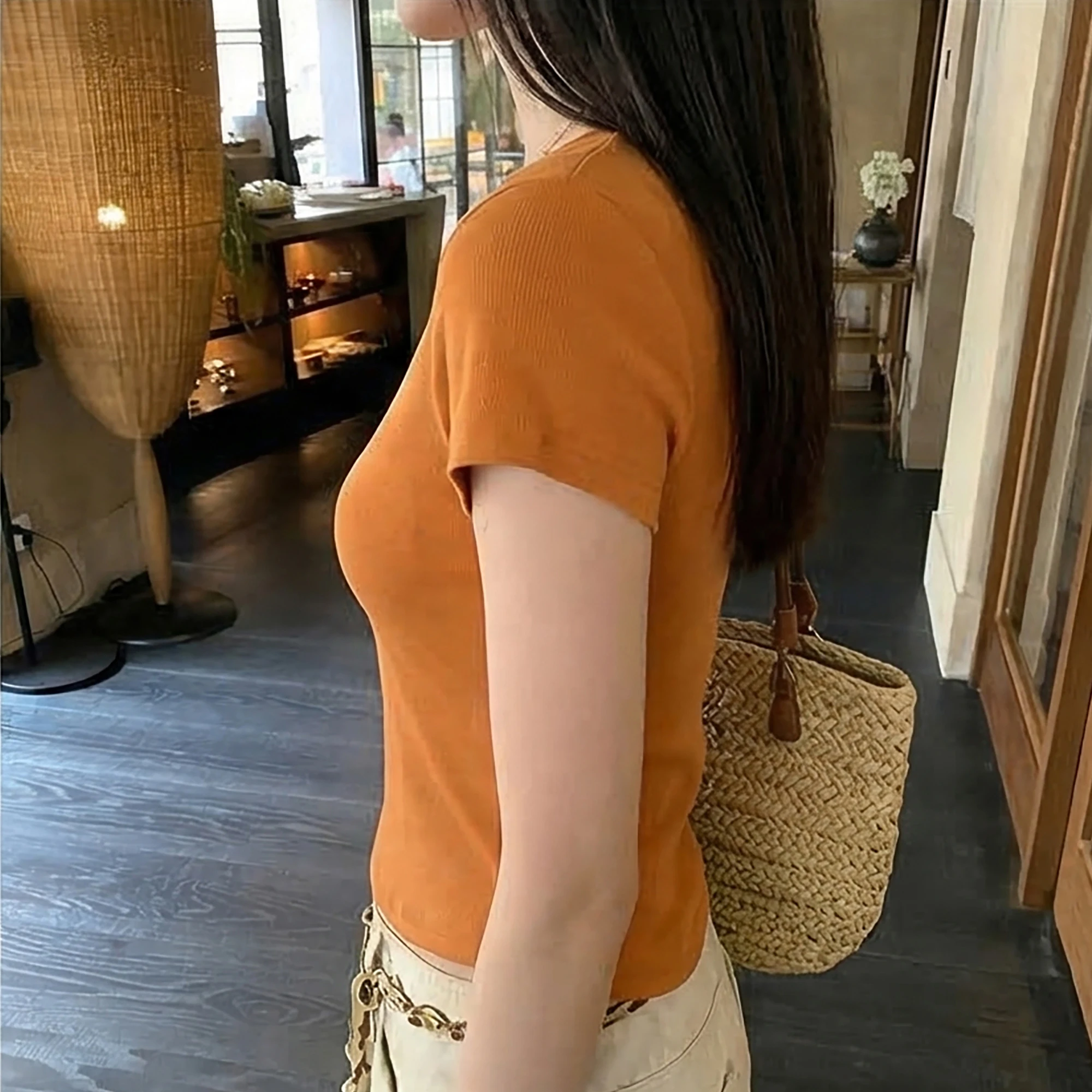 Summer Short Sleeve Women's T-Shirt Shoulder Width Regular Fit Cotton Blend Stretch round Neck Top Casual Fashion Basic Style