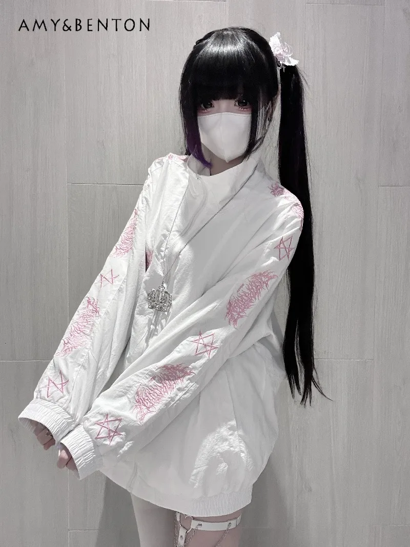 

Subculture Stand Collar Patchwork Embroidery Long Sleeve Jacket Street Punk Style Dark Goth Japanese Oversized Jacket for Women