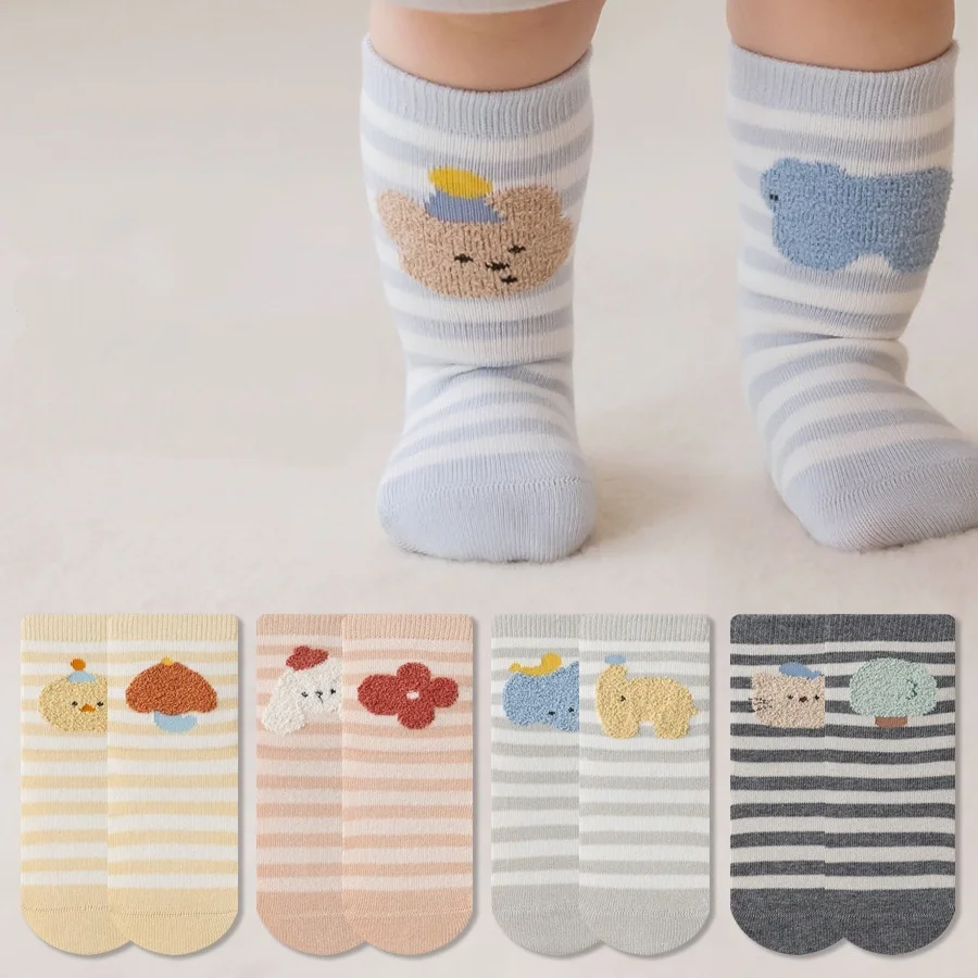 Children's Floor Socks Autumn Winter Newborn Baby Non-slip Walking Sock Fashion Striped Cartoon Toddler Socks For Boys Girls New