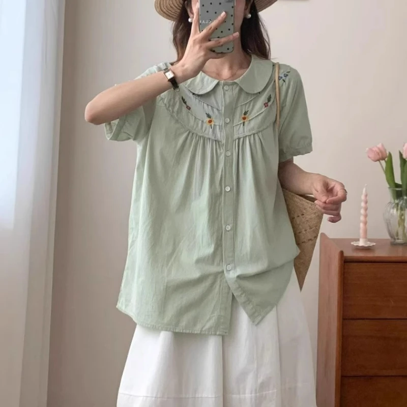 

Summer New Japanese Sweet Mori Girl Flower Embroidery Shirts Women Cute Peter Pan Collar Short Sleeve Casual Loose Blouse Tops
