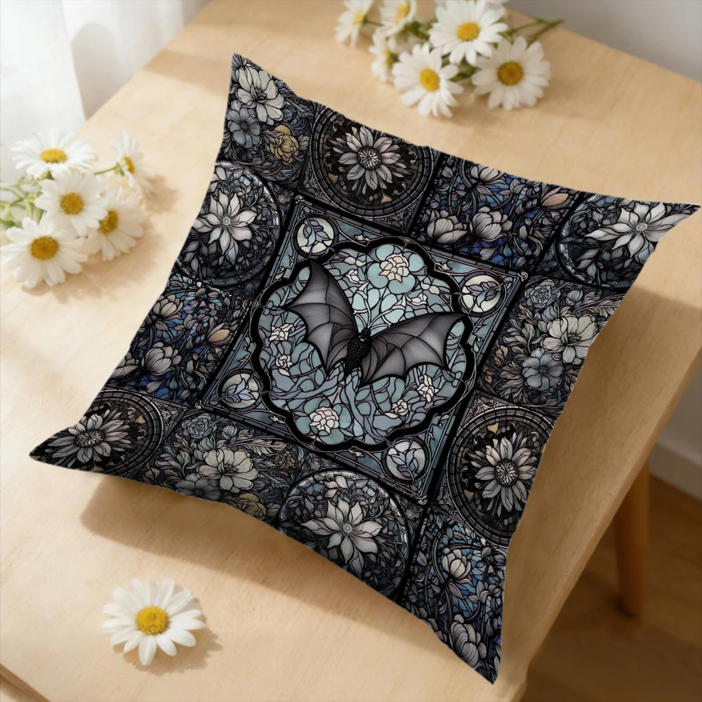 1Pc Gothic Bat Stained Glass Cushion Cover Black Blue Floral Pillowcase For Sofa Bed Living Room Decorative Throw Case Home Deco