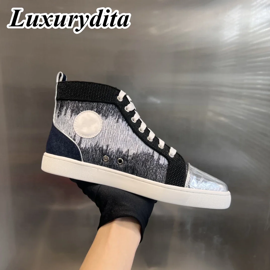 

Top Quality Womens Trendy Casual Sneakers Luxury Mens Real Leather Tennis Shoes Designr Red Sole Tide Lovers Rivet Shoes HJ0524
