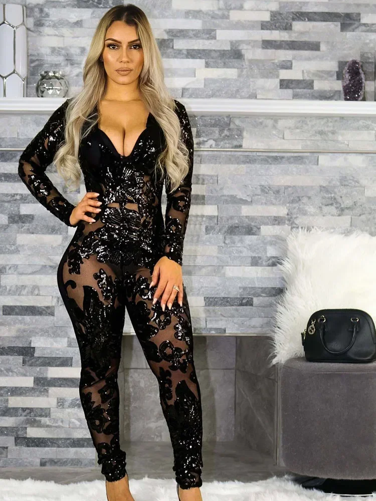 

Sparkly Party Night Sequin Jumpsuit Women Overalls Long Sleeve Mesh See Through Patchwork Bodycon Rompers and Jumpsuits Clubwear