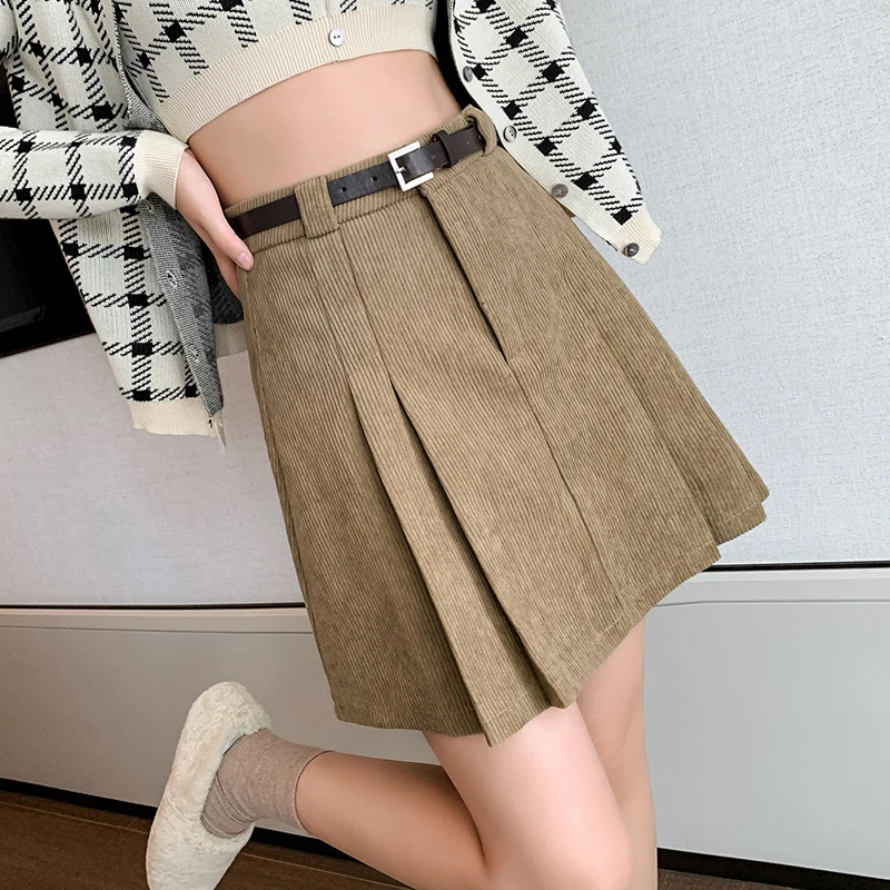 Seoulish Hoge Taille Corduroy Geplooide Dames A-lijn Rokken Met Gordel 2025, Nieuwe Herfst Winter Vintage Korte Skater Rokken Vrouwelijke