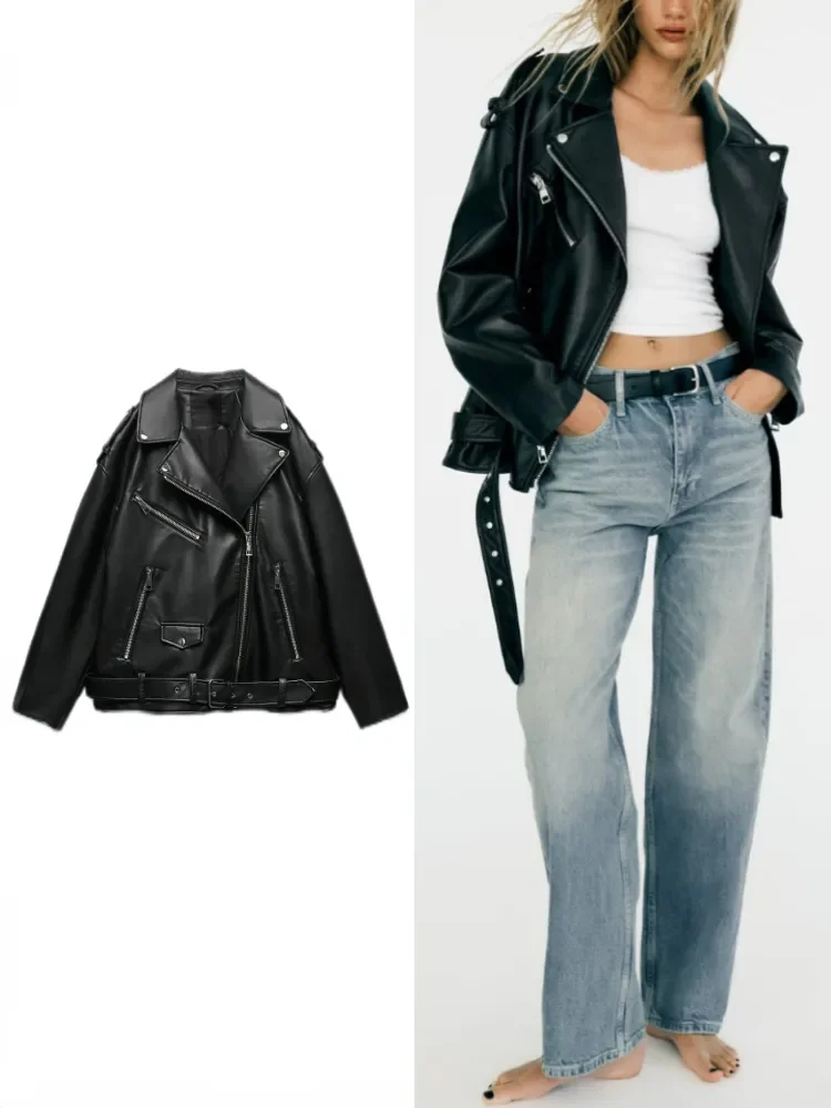 Women\'s Fall New Faux Leather Oversized Jacket Lapel Collar Long Sleeves Locomotive PU Imitation Leather Jacket Female Outerwear