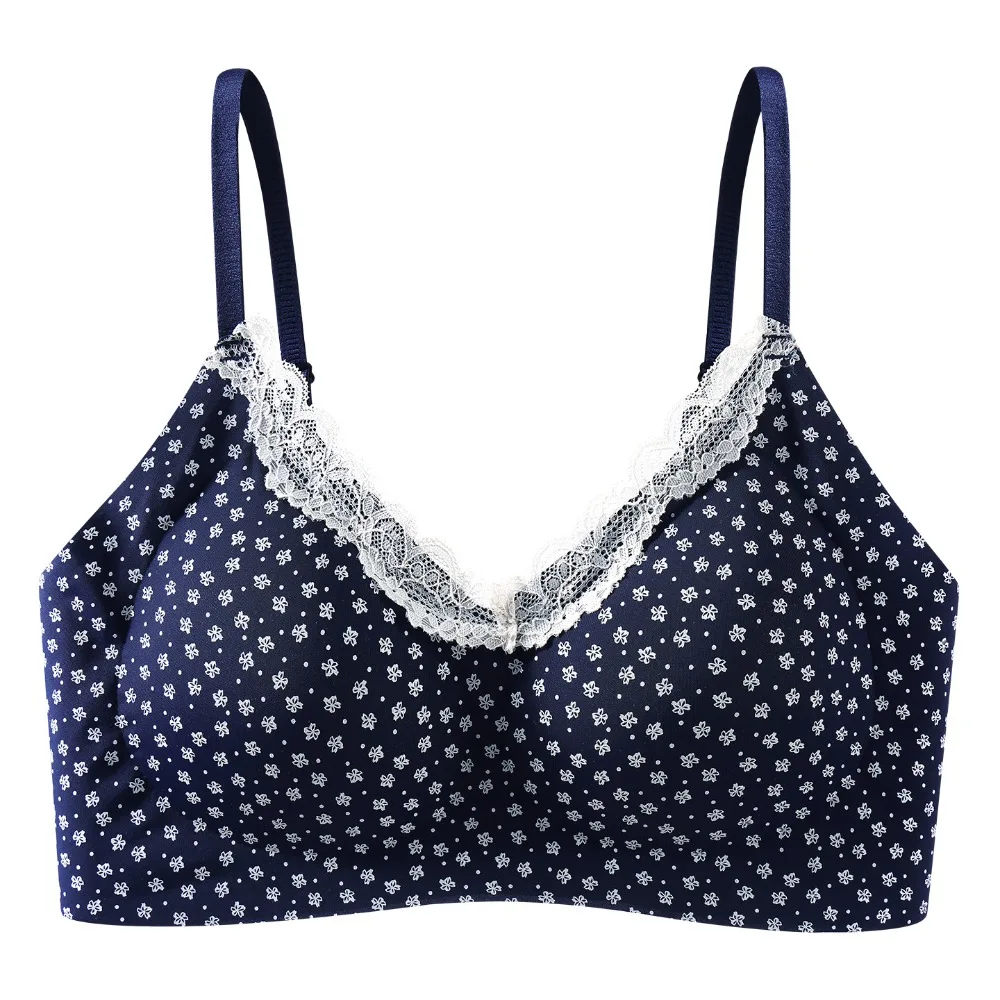 Traceless Lace Wireless V Bra Flower Bow Shockproof Brassiere for Women Gathered Breasts Grid Pattern Lace Floral Print Bra
