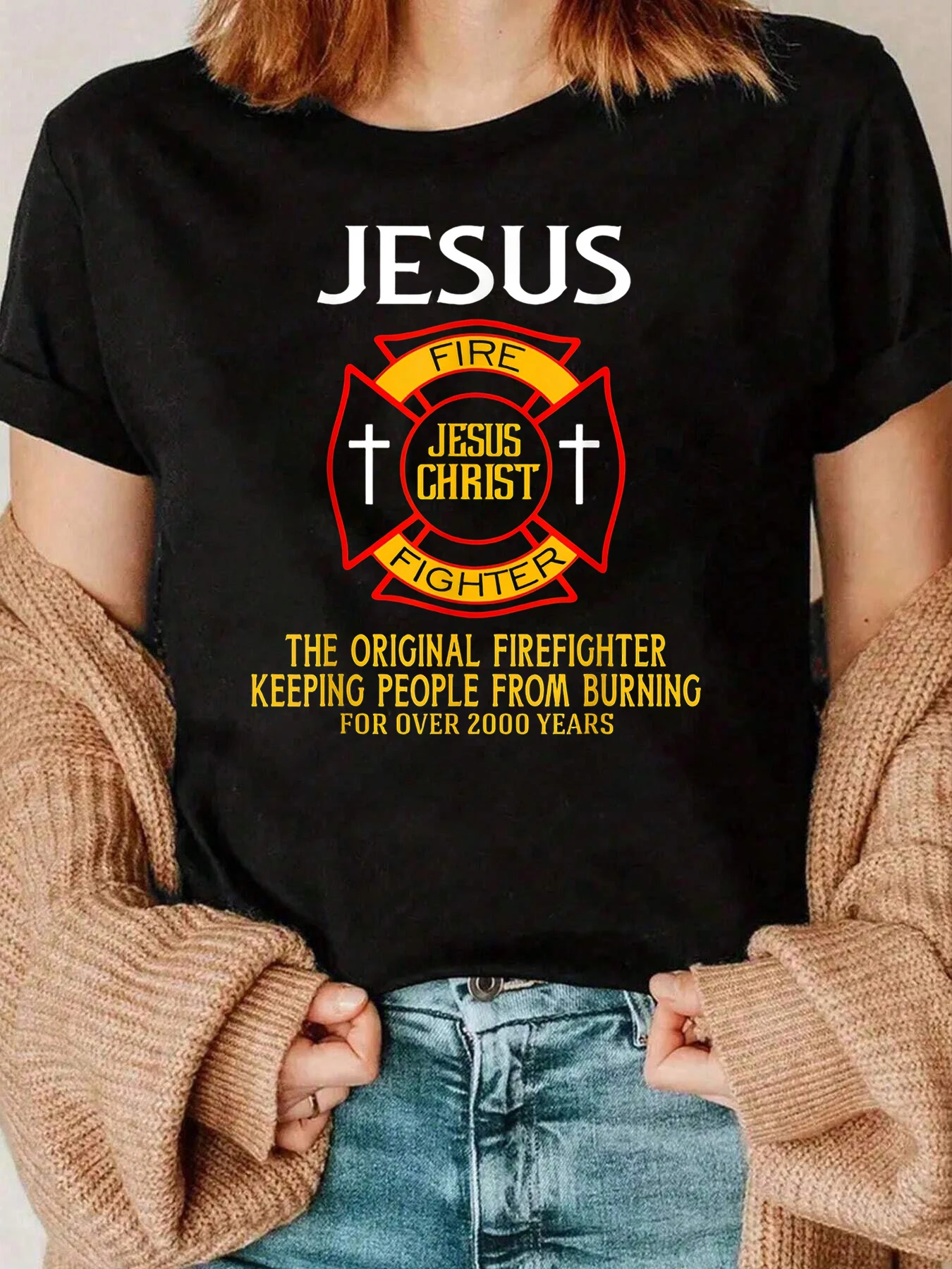 

Jesus Christ Fire Fighter Print T Shirt Christmas Casual Wear For Women 220g