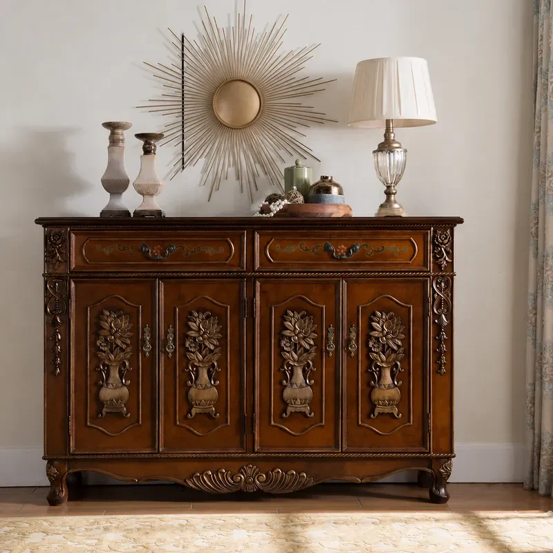 American Solid Wood Shoe Cabinet 3 or 4 Door Retro Hand Painted Partition Art Engraved Entrance Storage Walnut Furniture