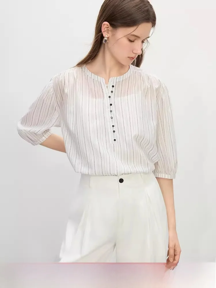 

Vivian Fan Si Lan Women's Striped Half Sleeve Shirt Summer Commute Style Breathable Comfortable round Neck Loose Fit Shirt