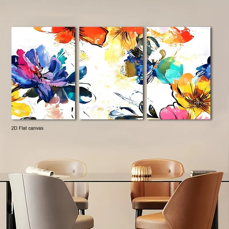 Frameless Canvas 2D Flat, 2D Flat, 2D Flat Set Of Three Bold Watercolor Floral Splash Canvases, Framed And Ready To Display,