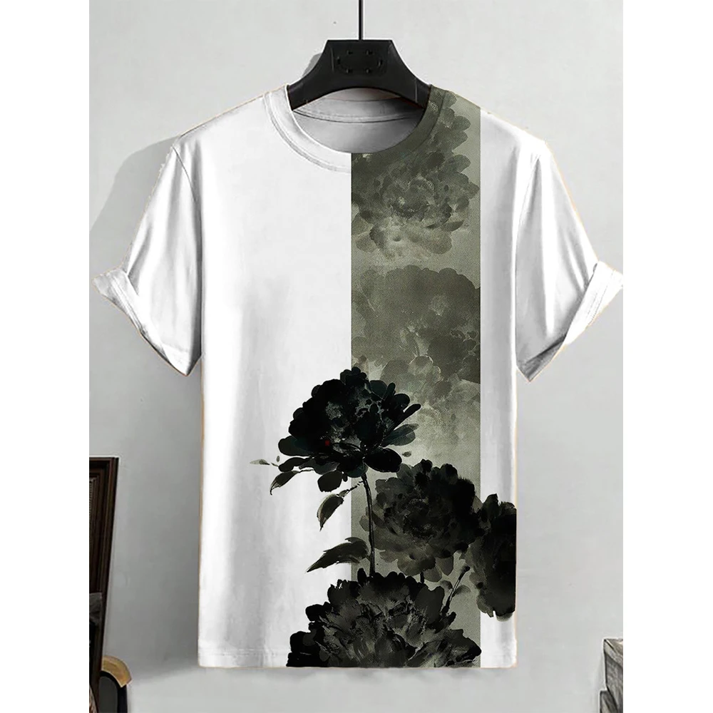 

Women's T-shirt Ink Wash Wind Lotus Print T-shirt Niche Design Harajuku Casual Short Sleeved Top Plus Size Women's Clothing