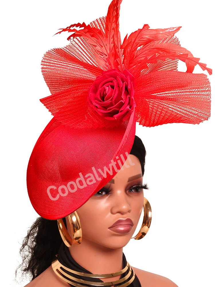 Yellow Fascinator Party Hat Formal Dress Women Race Derby Headpiece Bride Wedding Mesh Feather Chapeau Cap Headband Flower Hats