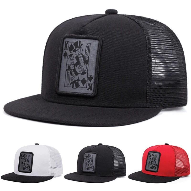 

2025 Fashion New Flat Edge Mesh Hat Poker Character K Embroidery Outdoor Daily Sunshade Baseball Hat Creative Street Hip Hop Hat