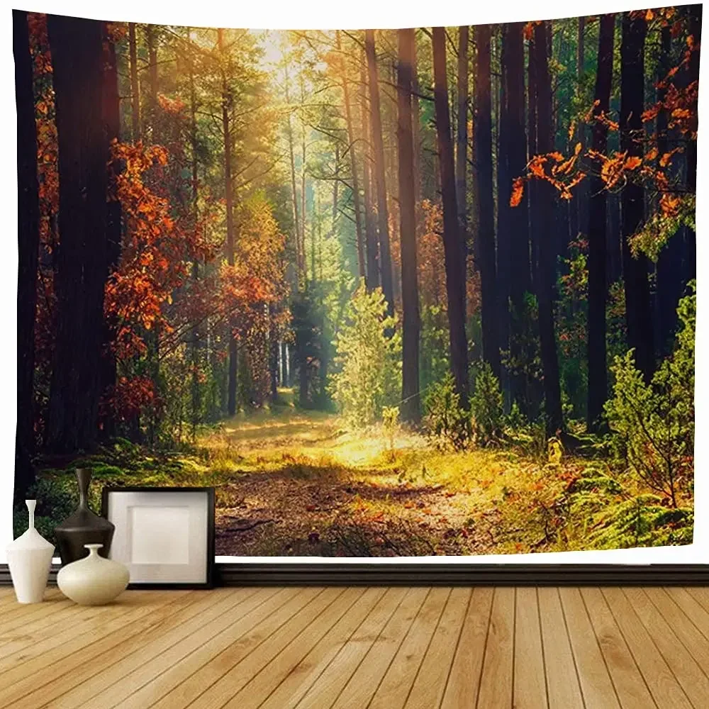 Forest Tapestry Morning Sunlight Green Trees Tapestry Nature Landscape Tapestry Wall Hanging Art for Bedroom Living Dorm Decor