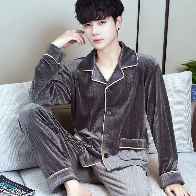 Coral Fleece Sleepwear Long Sleeve Cardigan Pants Men Pajama Sets Warm Flannel Pajamas Loungewear Autumn Winter Nightwear