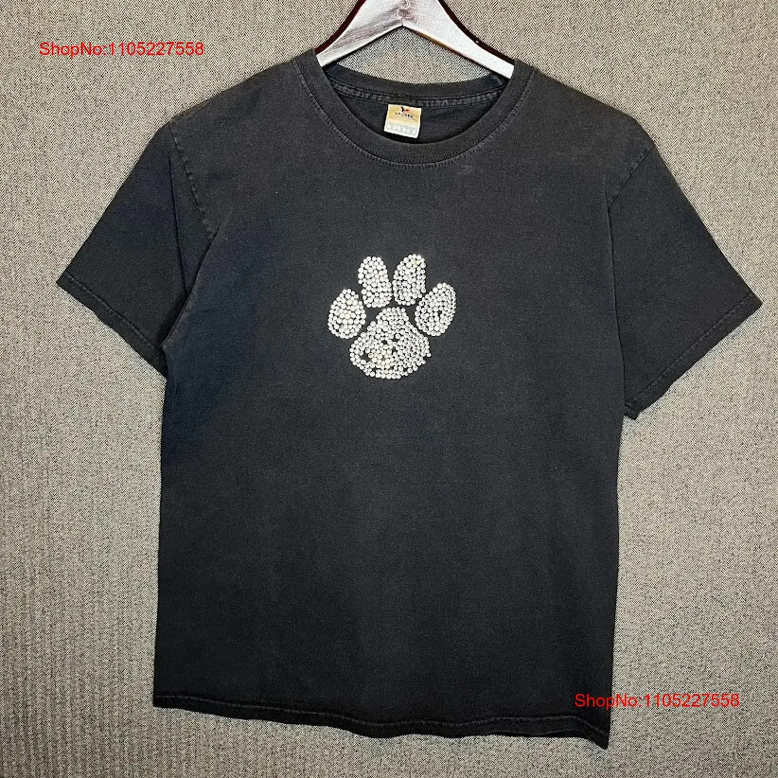 Yazbek Camiseta para mujer M Negro Rhinestone Paw Print Peso pesado vintage Lavado Versátil Transpirable Ropa de diseñador Ligeramente