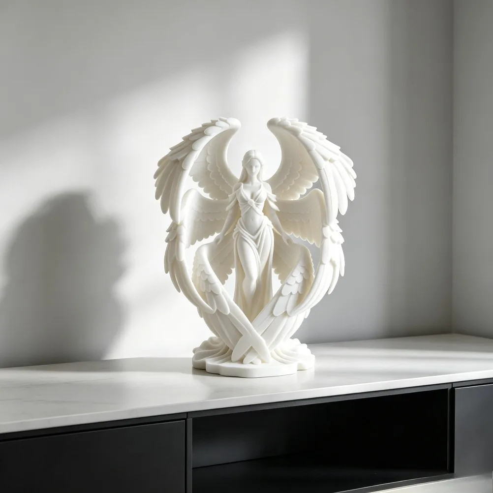 Six winged blazing angel Sculpture Matte 3D Print Peace Blessing Statue Fireplace Mantel Light Luxury Home Desktop Decor Gift