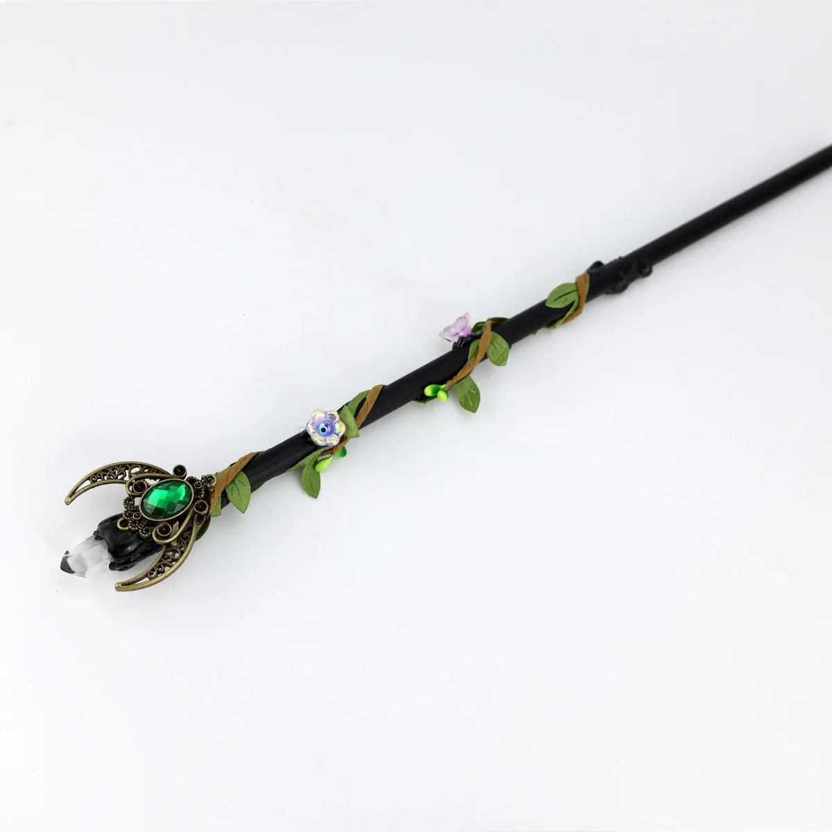 1pc Black Wooden Moon Magic Wand Wrapped with Green Leaves, Inlaid with Metal Crescent White Crystals Witch Stick