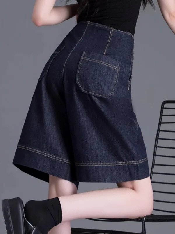 High Waist Denim Blue ort Pants Women's Summer Thin Wide Leg A-Line Slim Loose Straight Five-Quarter Pants Casual Sle