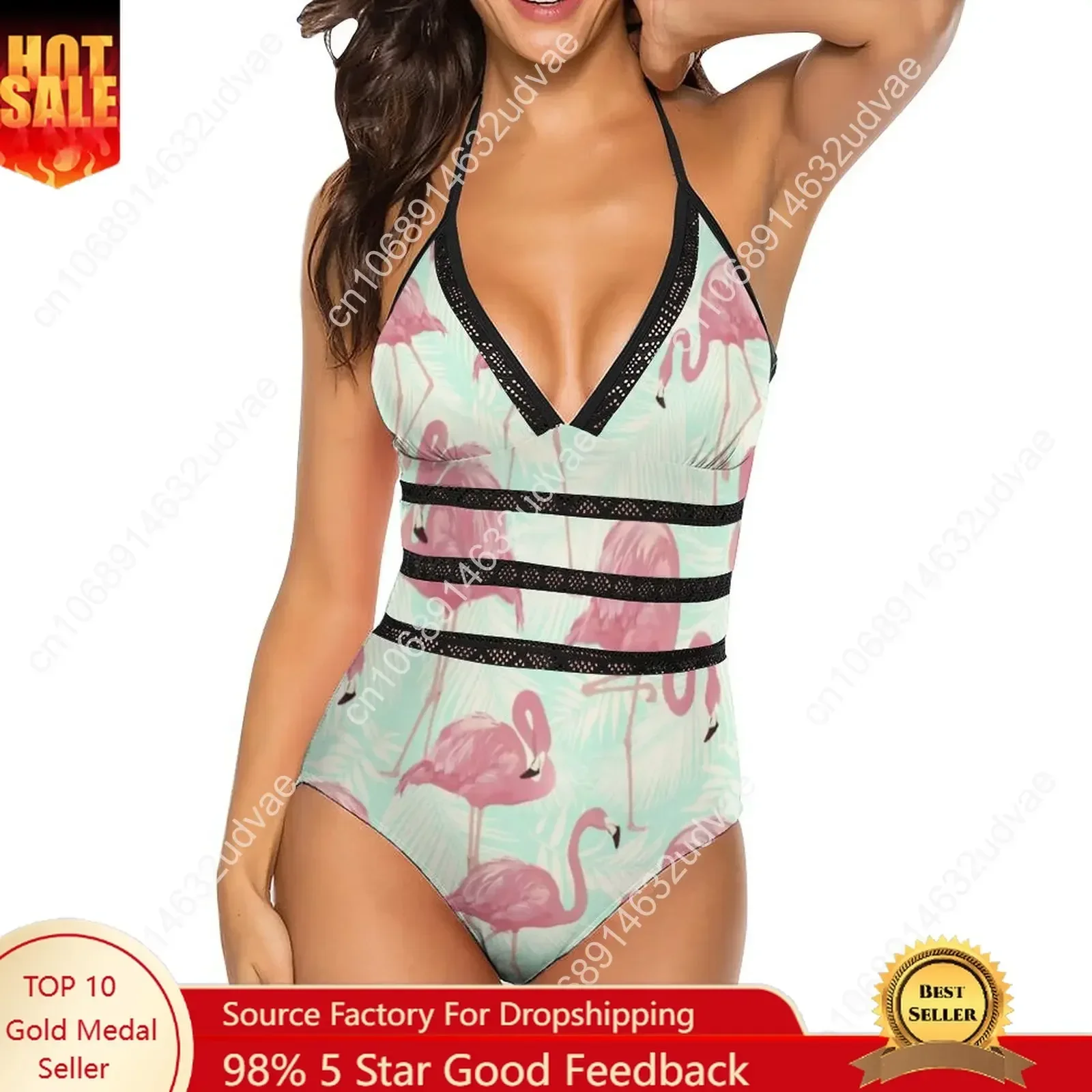 Cute Flamingo Pattern Swimsuit Tropical Animal Print Push Up Swimwear One-Piece Lace Up Monokini Sexy Trendy Beach Outfits