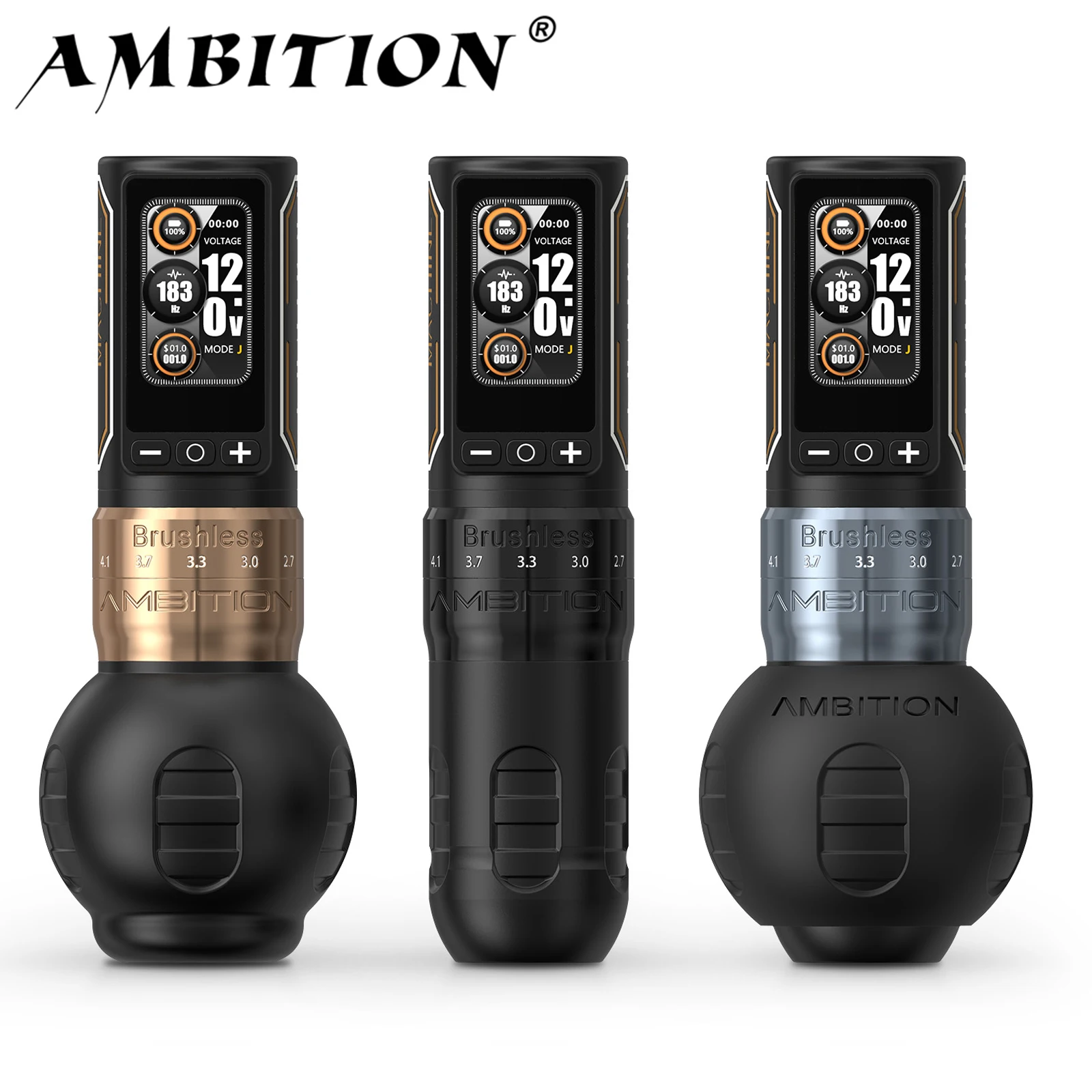 

Ambition Ninja Max 280 Brushless Motor Wireless Tattoo Machine 2.4mm-4.5mm Adjustable Stroke 54mm+34mm Grip 2400mAh Battery Pen