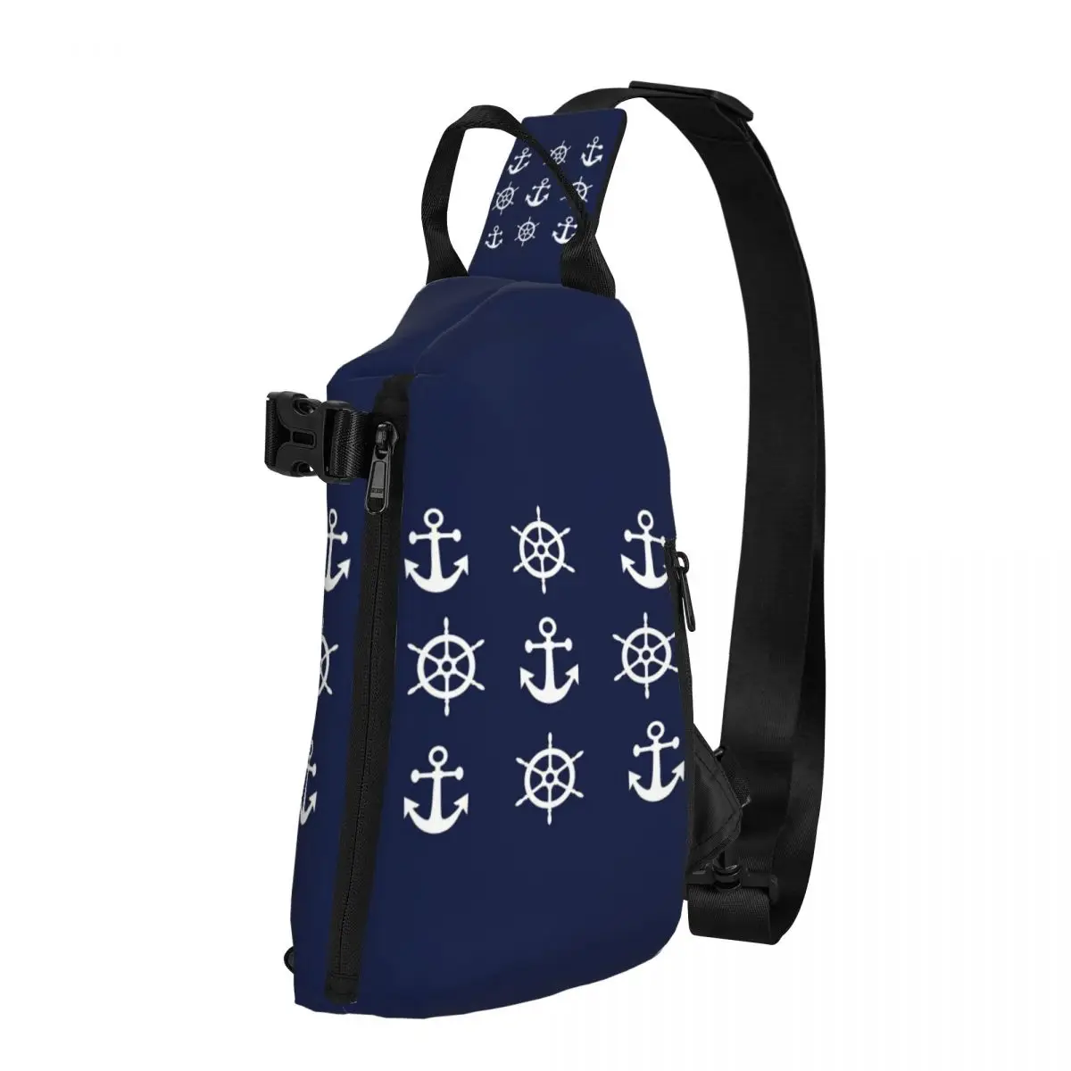 Nautical White And Navy Blue Anchors And Wheels Chest Bag Men Sling Crossbody Backpack Chest Bag Travel Daypack Shoulder Bag